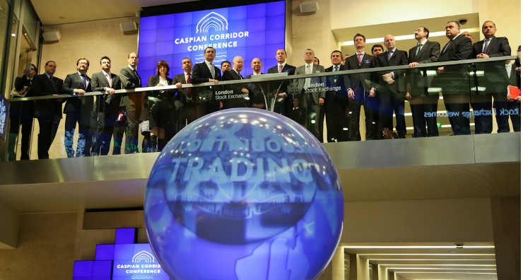 VIPs and speaker guests from the Caspian Region gathered as the market opened for trading at the London Stock Exchange, before the Second Caspian Corridor Conference began. Photo by Matt Chung